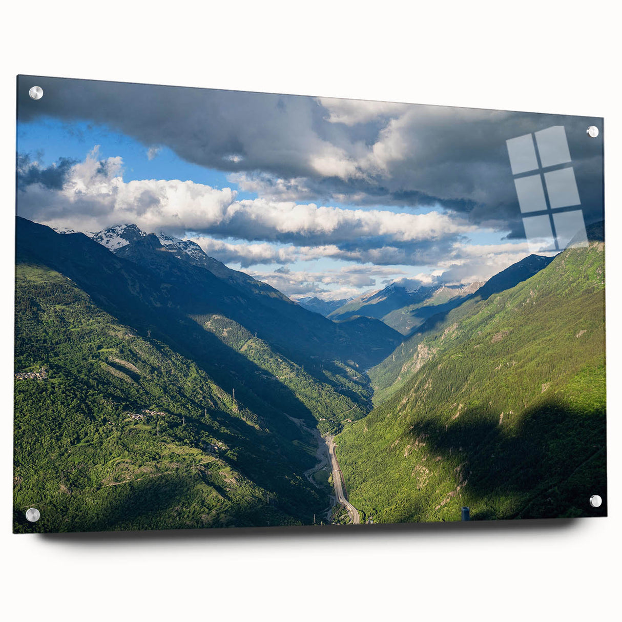 Acrylic glass wall art piece showcasing a stunning valley landscape design, featuring vibrant colors and intricate details, elegantly displayed in a side view with mounting pins for easy installation.