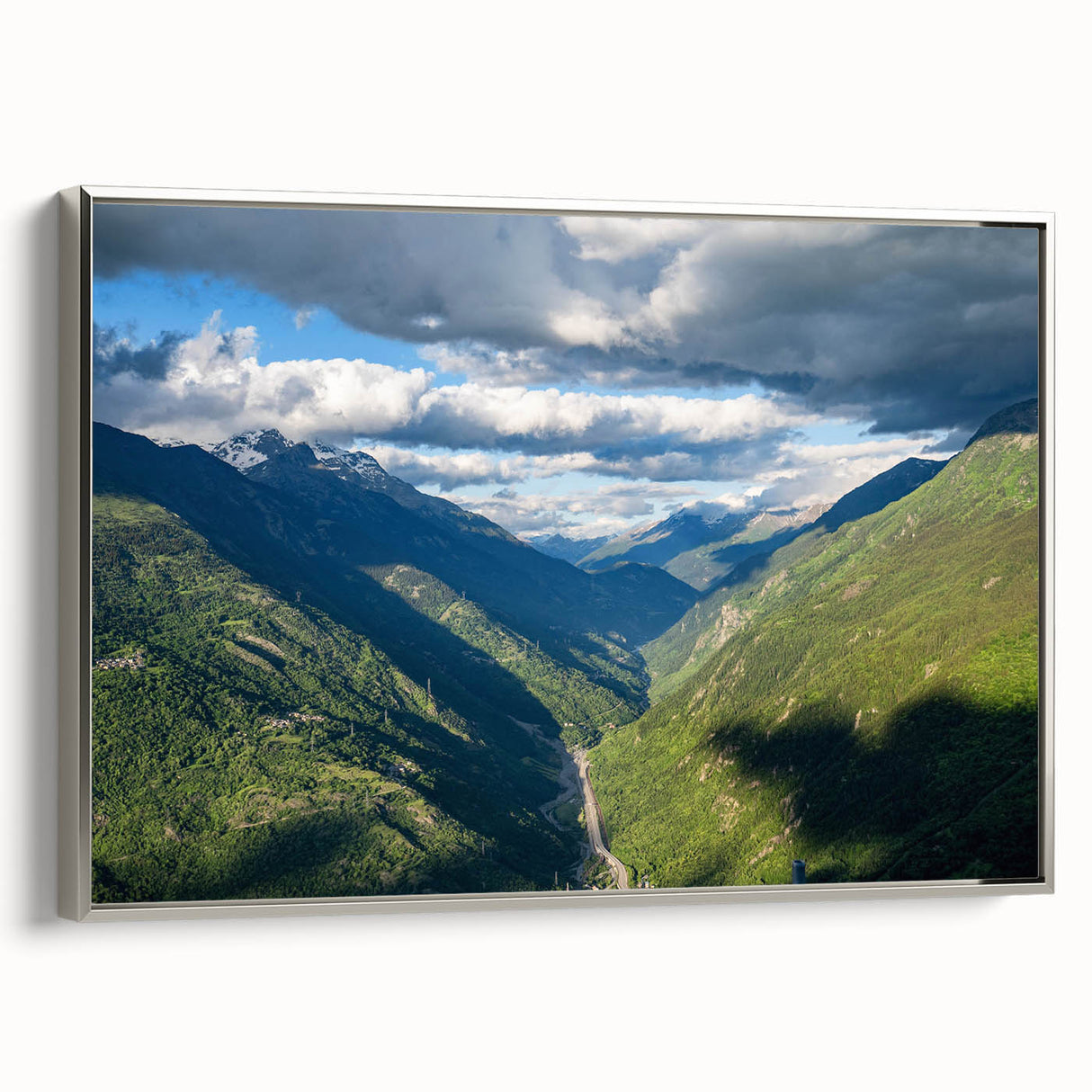 Framed canvas wall art showcasing a serene valley landscape design, featuring silver accents and a modern aesthetic, ideal for home decor enhancement.