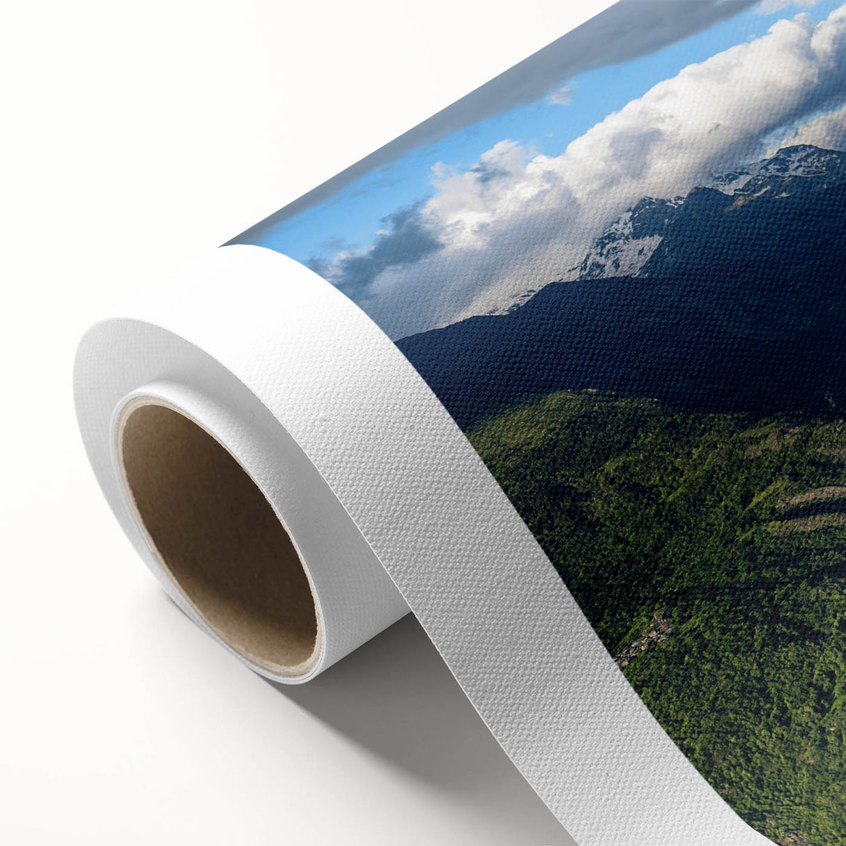 Vibrant rolled canvas showcasing a serene landscape valley design, perfect for home decor, with rich colors and textures, rolled for easy shipping.