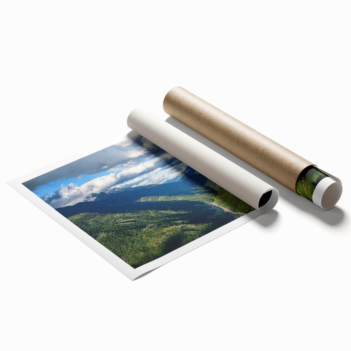 Vibrant rolled canvas print showcasing a serene valley landscape with lush greenery and a clear blue sky, ideal for home decor or art collection.
