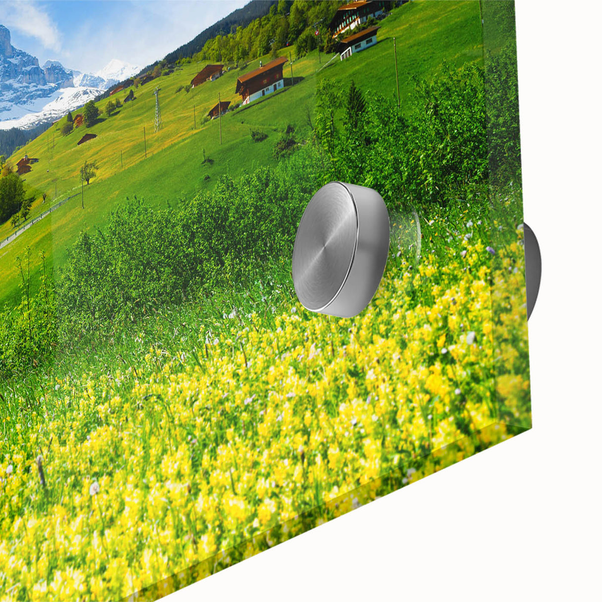 Close-up of a modern acrylic glass wall art piece showcasing a vibrant valley landscape design, featuring rich colors and intricate details, ideal for home decor.