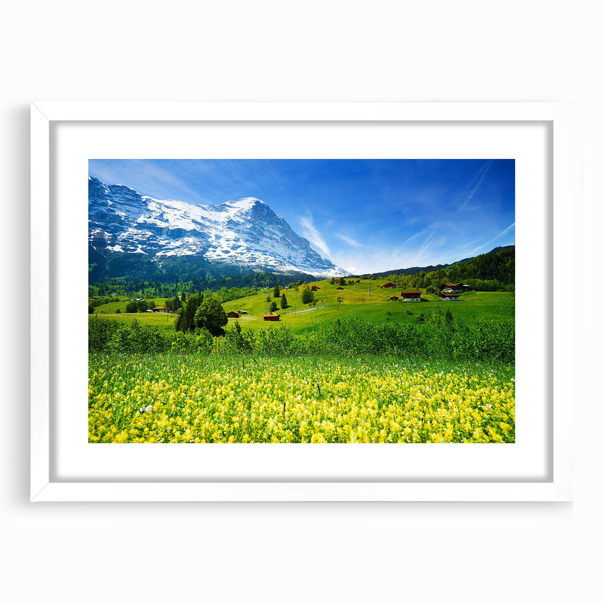 Framed landscape wall art collection featuring a serene valley design, displayed with a white mat, showcasing vibrant colors and natural scenery, ideal for home decor.