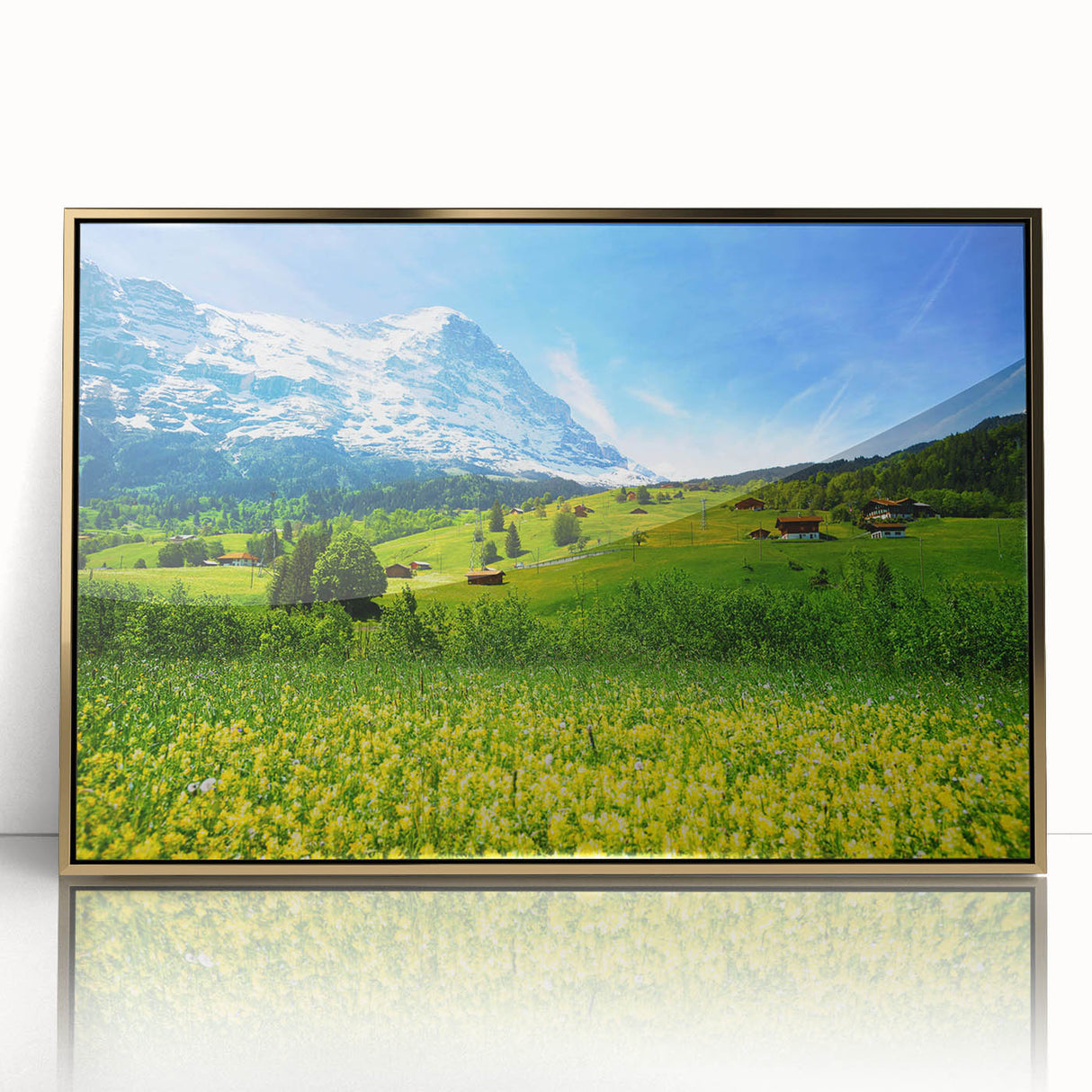 Framed acrylic wall art featuring a stunning valley landscape design with golden accents, perfect for enhancing modern home decor. The artwork captures vibrant colors and intricate details, making it a focal point in any living space.