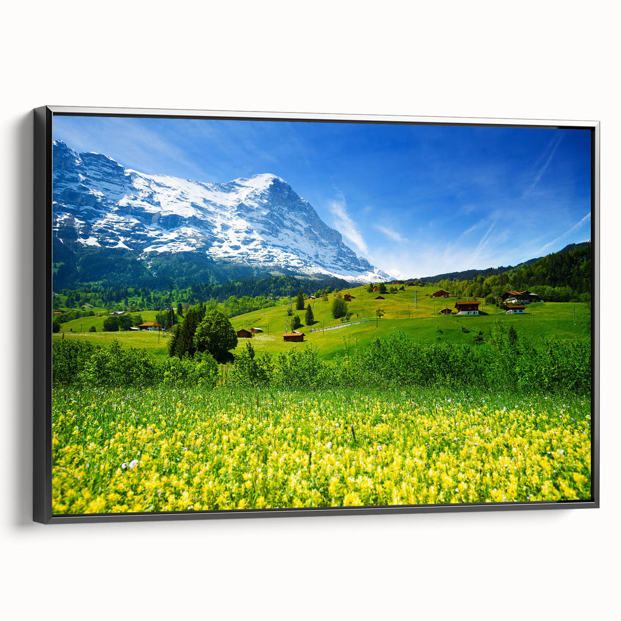 Framed canvas wall art showcasing a serene valley landscape design with rich colors and detailed textures, viewed from the side against a neutral backdrop.