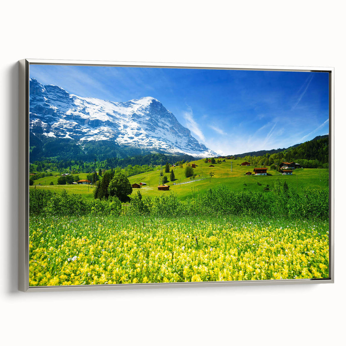 Framed canvas wall art collection showcasing a serene valley landscape design with vibrant colors and a silver frame, perfect for home decor enhancement.