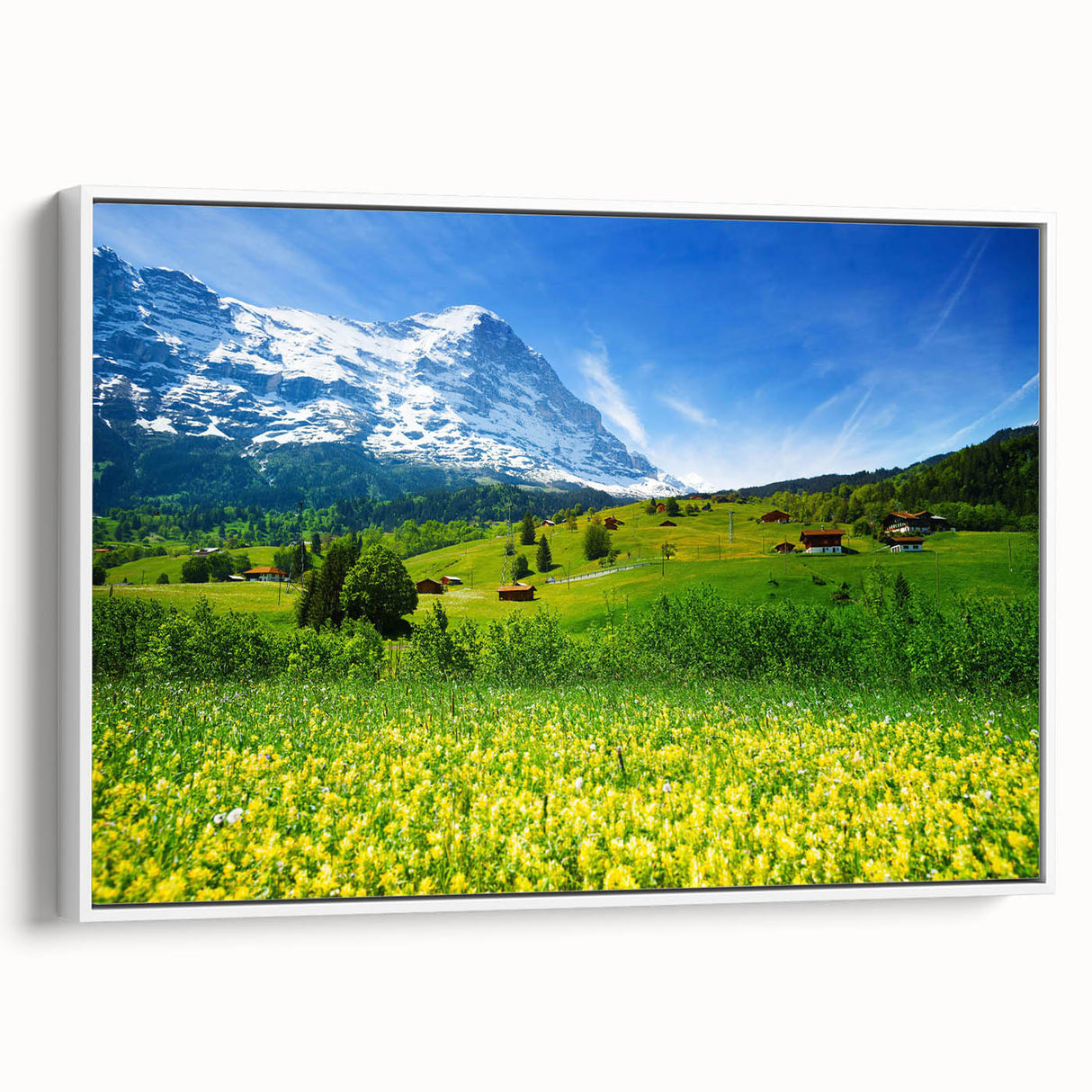 Framed canvas wall art showcasing a serene valley landscape design with vibrant colors and intricate details, viewed from the side against a white backdrop.