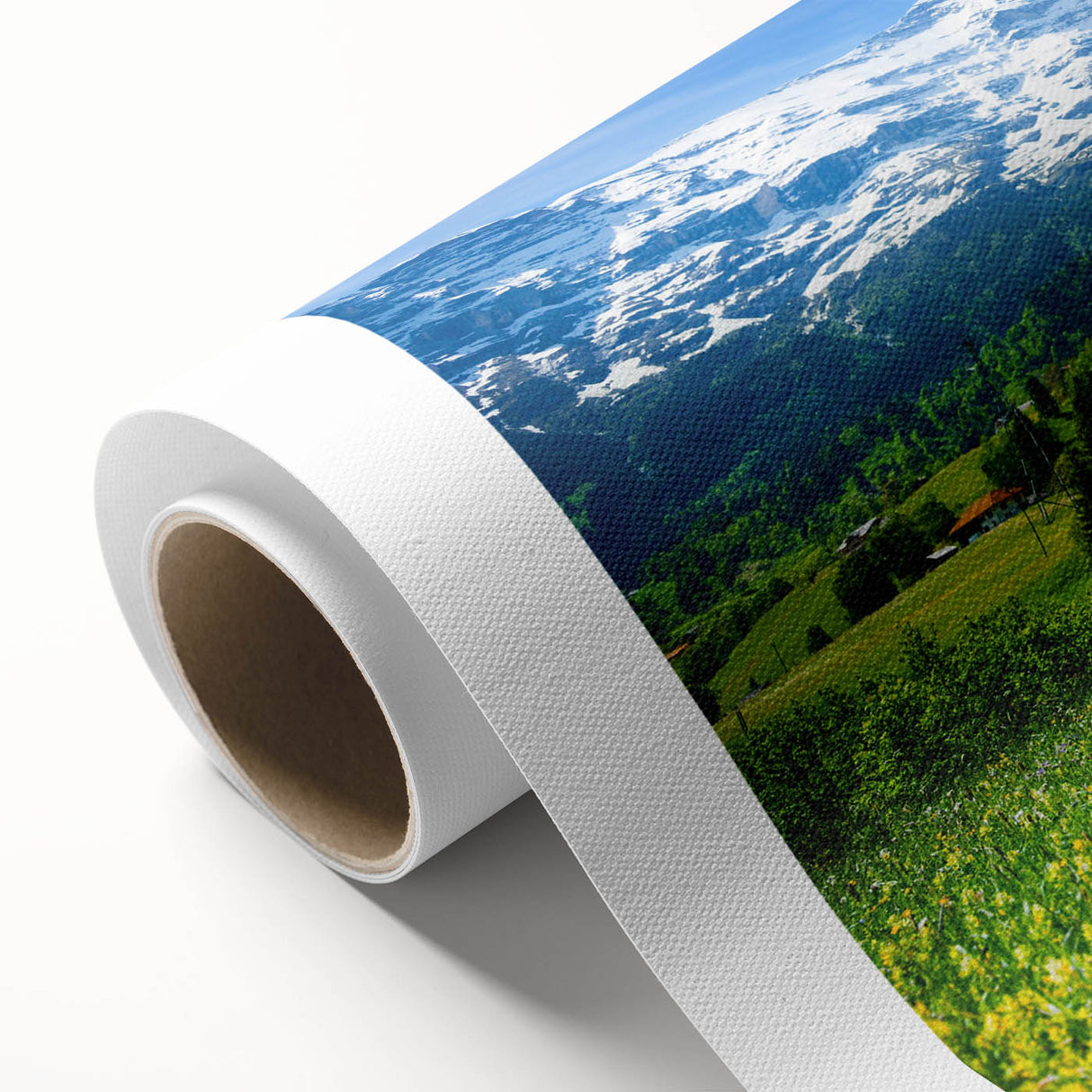 Serene landscape wall art design showcasing a picturesque valley scene with vibrant colors, printed on high-quality rolled canvas, perfect for home decor.