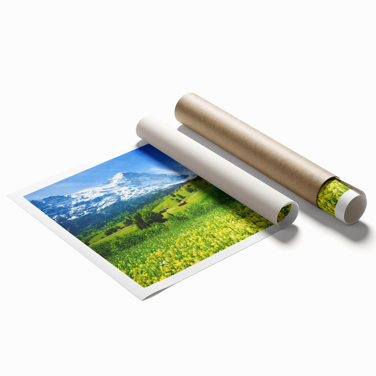 Vibrant rolled canvas print showcasing a serene valley landscape with rolling hills and lush greenery, designed for home decor, packaged securely in a cardboard tube.