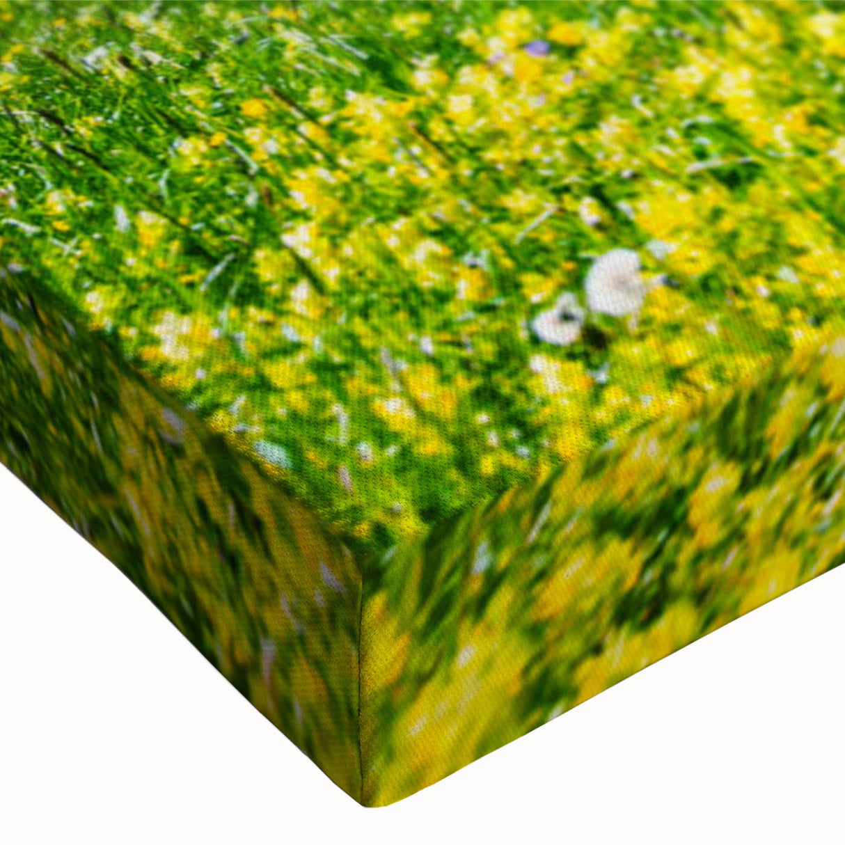 Close-up of a stretched canvas wall art piece showcasing a vibrant valley landscape design, featuring lush greenery and a serene atmosphere, perfect for home decor.