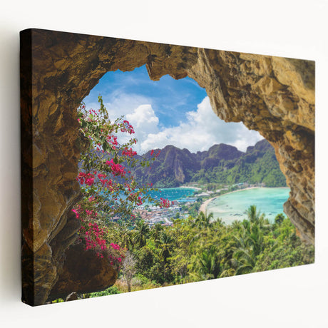 Stretched canvas wall art showcasing a vibrant landscape village design, featuring rich colors and intricate details, perfect for enhancing home decor and adding warmth to any room.