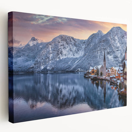 Stretched canvas wall art showcasing a vibrant landscape village scene, featuring lush greenery and colorful houses, ideal for home decor and artistic expression.