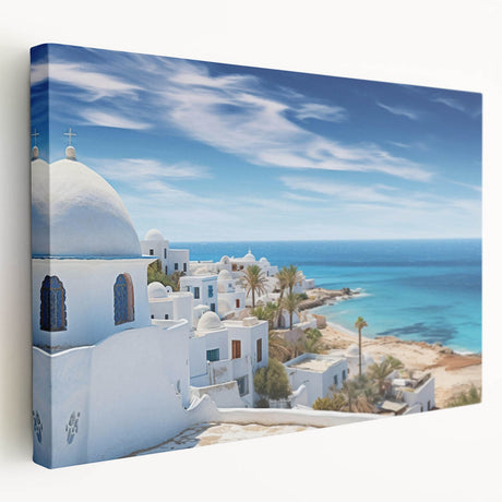 Stretched canvas artwork showcasing a vibrant village landscape design, featuring lush greenery and colorful homes, perfect for enhancing interior decor.