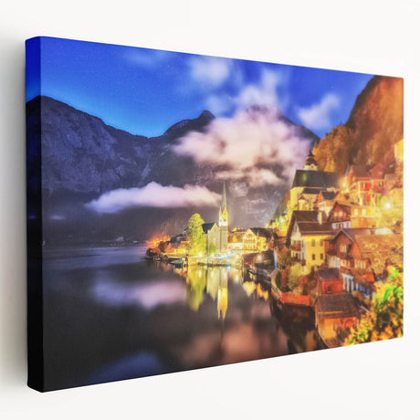 Stretched canvas wall art showcasing a picturesque village landscape with vibrant colors, ideal for home decor, enhancing any living space with charm.