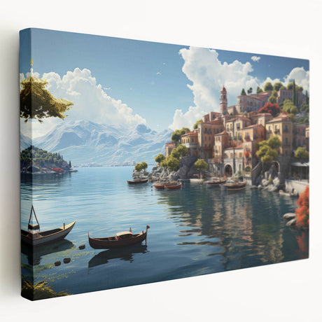 Stretched canvas wall art depicting a serene village landscape, showcasing vibrant colors and intricate details, perfect for home decor enhancement.