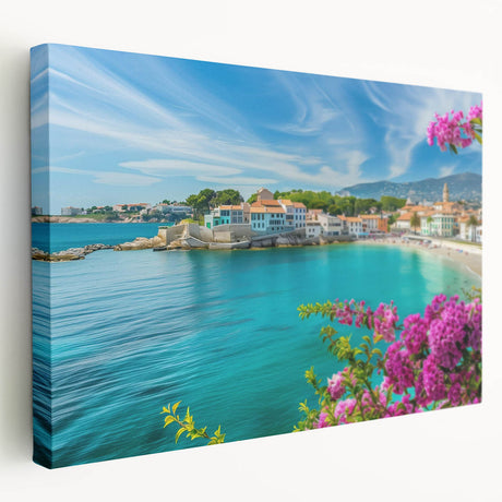 Stretched canvas wall art showcasing a picturesque village landscape design, featuring vibrant colors and intricate details, ideal for home decor enhancement.