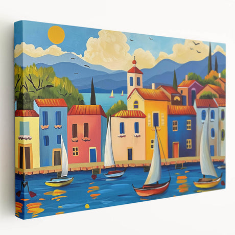 Stretched canvas wall art showcasing a serene village landscape with lush greenery and vibrant colors, perfect for home decor or artistic inspiration.
