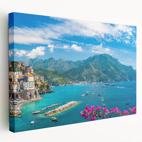 Stretched canvas wall art showcasing a picturesque village landscape with vibrant colors, ideal for home decor and enhancing interior aesthetics.