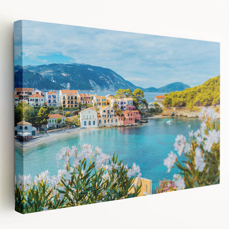 Stretched canvas wall art showcasing a vibrant landscape village design, featuring rich colors and detailed scenery, ideal for home decor. Perfect for adding warmth and charm to any living space.