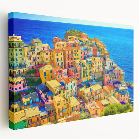 Stretched canvas wall art displaying a serene village landscape with vibrant colors and intricate details, perfect for home decor or art collection.