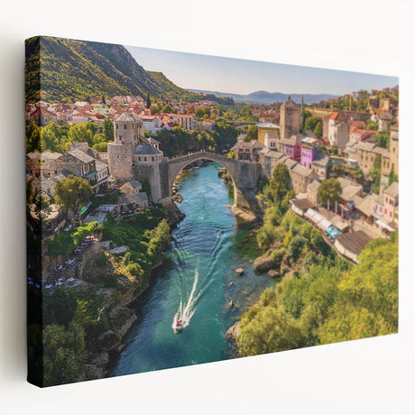 Stretched canvas wall art showcasing a serene village landscape design, featuring vibrant colors and intricate details, perfect for home decor enhancement.