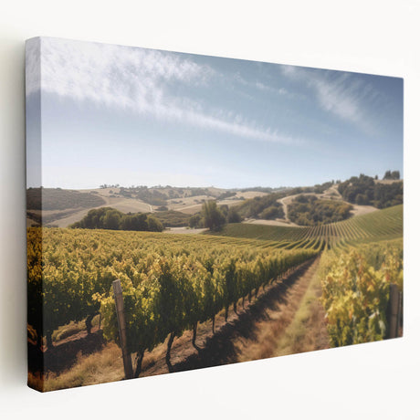 Stretched canvas artwork showcasing a vibrant vineyard landscape design, featuring rich green grapevines under a clear blue sky, ideal for home decor.