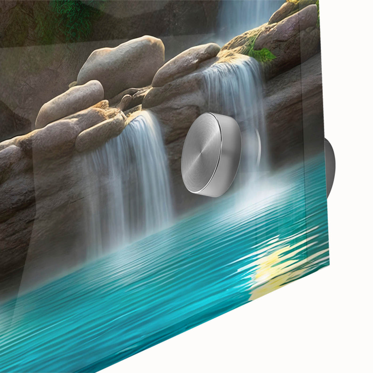 Close-up of a vibrant acrylic glass wall art piece showcasing a stunning waterfall landscape, highlighting intricate details and colors, perfect for home decor.