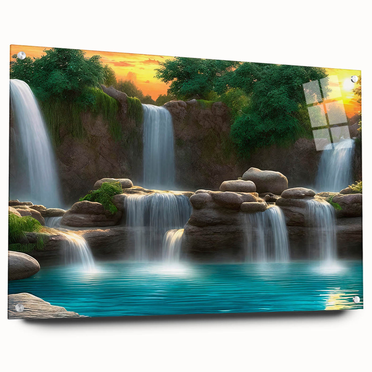 Acrylic glass wall art of a serene waterfall landscape design, showcasing vibrant greens and blues, displayed in a modern side view with decorative pins for easy hanging.
