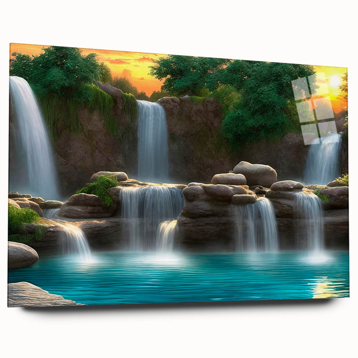 Acrylic glass wall art showcasing a vibrant waterfall landscape, featuring rich greens and blues, displayed from a side view without pins, perfect for home decor.