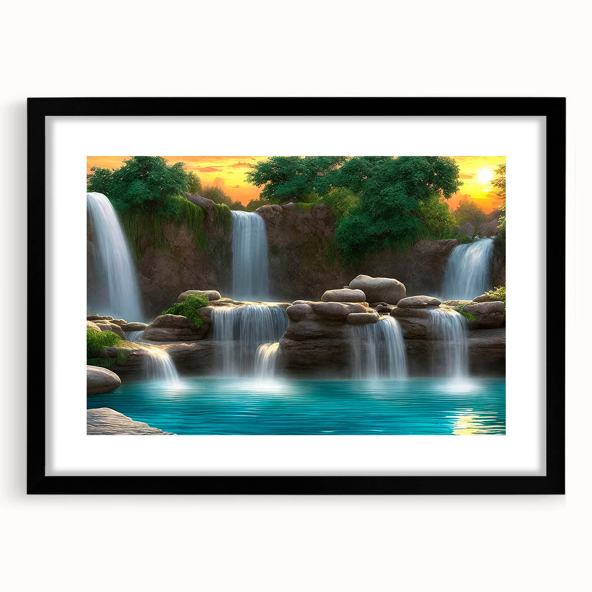 Framed wall art showcasing a serene waterfall landscape with vibrant colors, set against a sleek black frame. Ideal for enhancing home decor with nature-inspired elegance.
