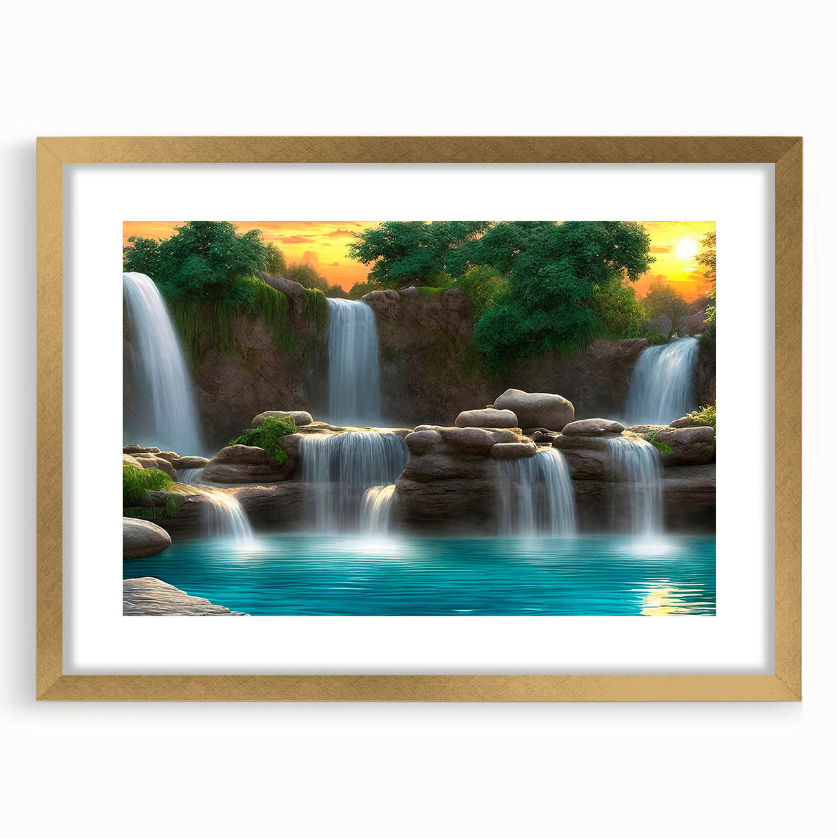 Framed wall art showcasing a serene landscape waterfall scene, featuring natural hues of blue and green, accented with a gold frame and mat, ideal for home decor.