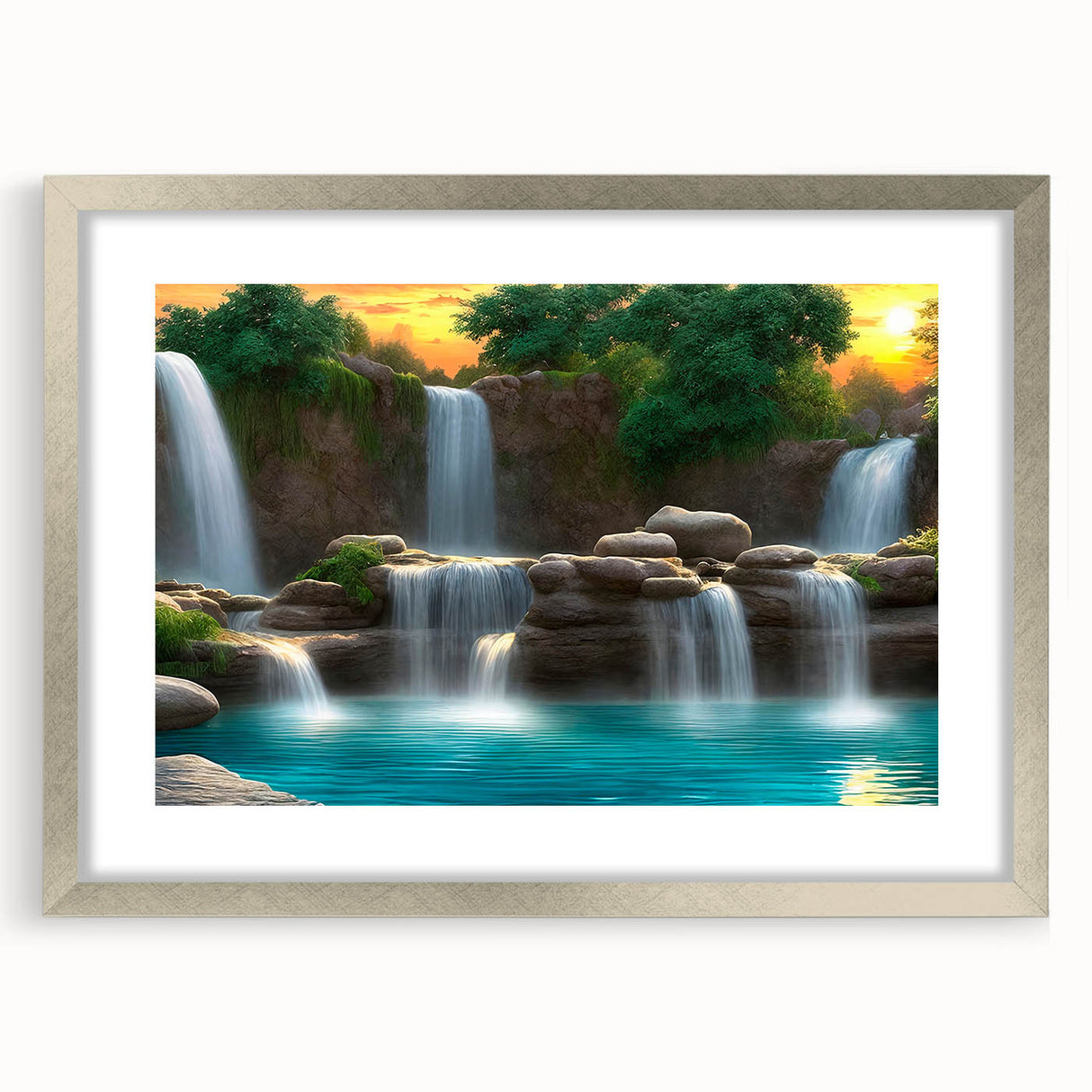 Framed wall art collection showcasing a stunning waterfall landscape design, featuring a silver mat and frame, perfect for home decor and nature enthusiasts.