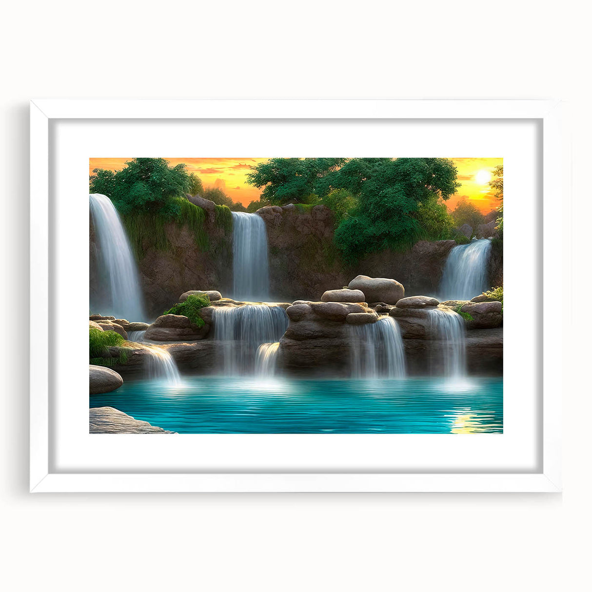 Framed landscape wall art featuring a serene waterfall scene, with a white mat and frame, perfect for home decor, adding tranquility and nature-inspired elegance.