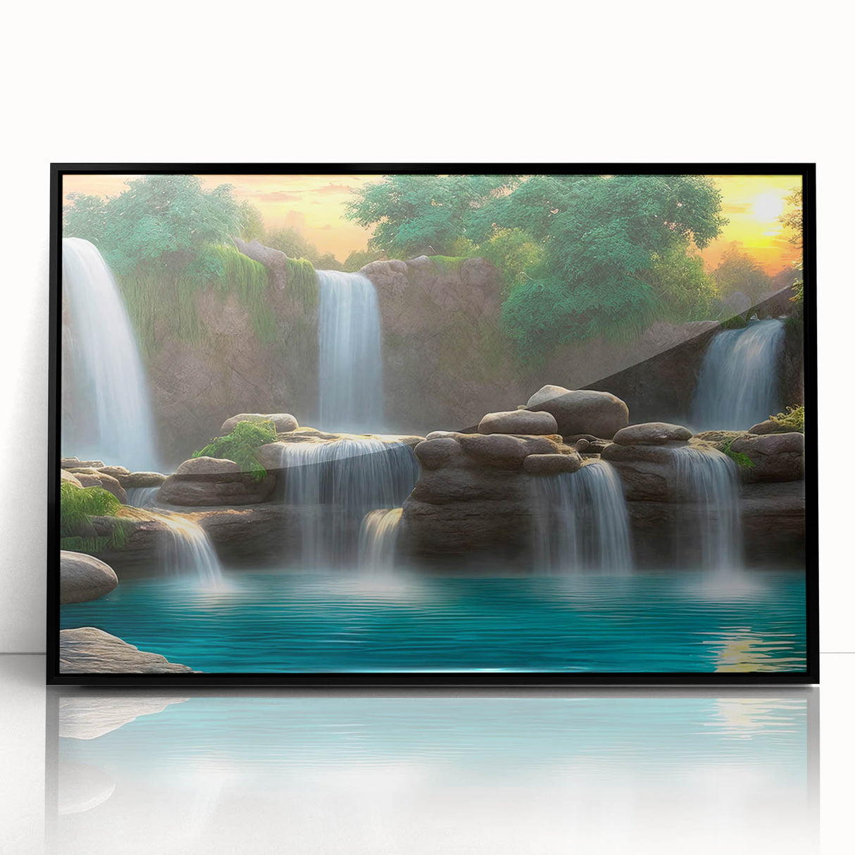 Framed wall art collection showcasing a stunning waterfall landscape design with vibrant colors and black acrylic frame, perfect for enhancing home decor.