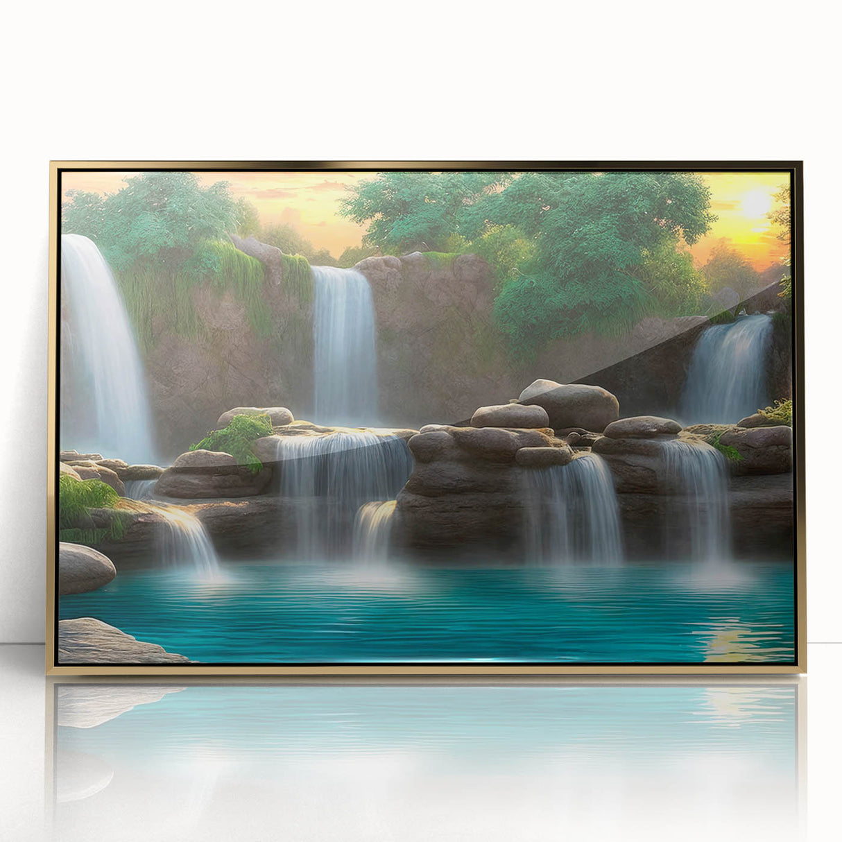 Framed acrylic wall art featuring a vibrant waterfall landscape design with golden accents, perfect for home decor. Ideal for nature enthusiasts seeking elegance.