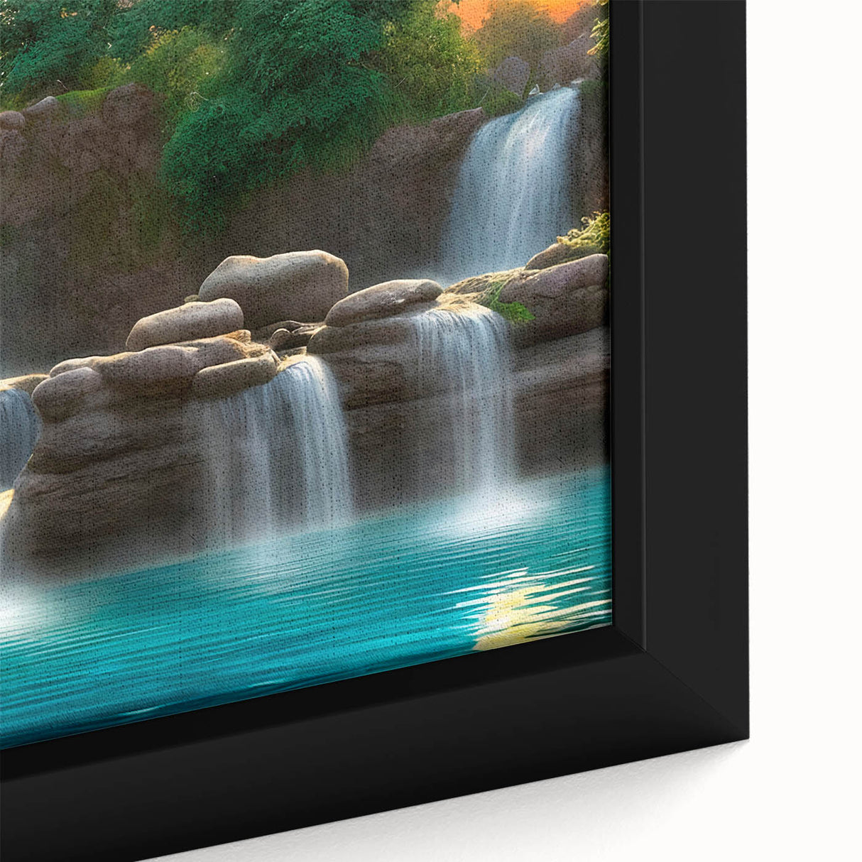Close-up of a framed canvas wall art featuring a serene waterfall landscape design, showcasing vibrant blues and greens, perfect for enhancing home decor.