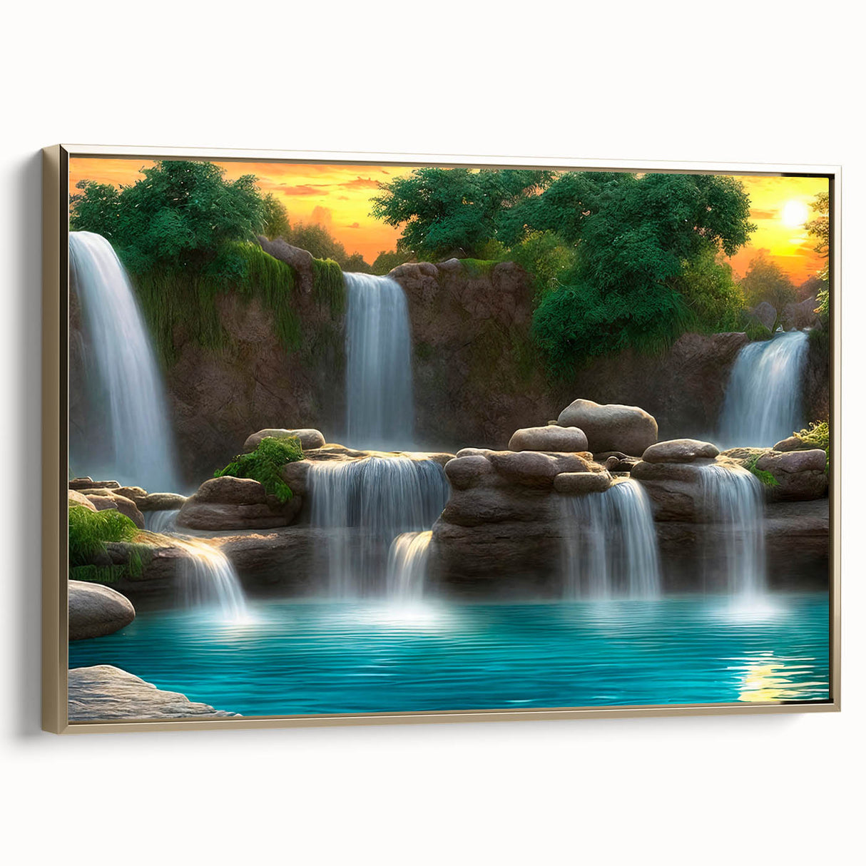 Framed canvas wall art showcasing a stunning landscape waterfall design with vibrant colors and a gold frame, ideal for enhancing home decor.