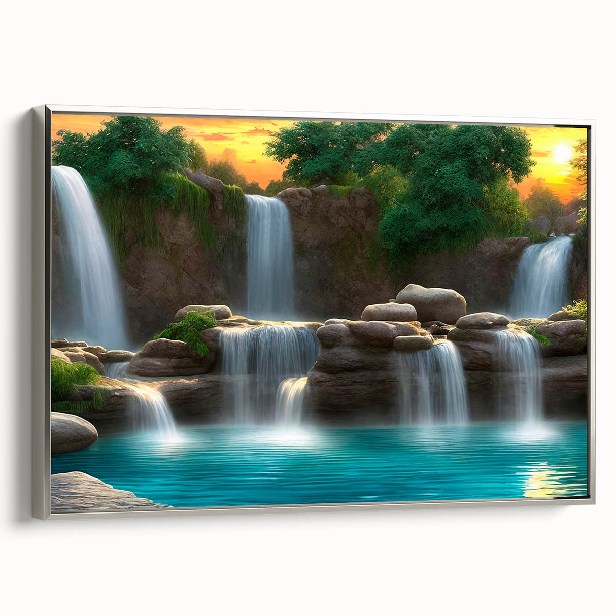 Framed canvas wall art showcasing a stunning waterfall landscape design with vibrant blue hues and silver accents, ideal for enhancing modern home decor.