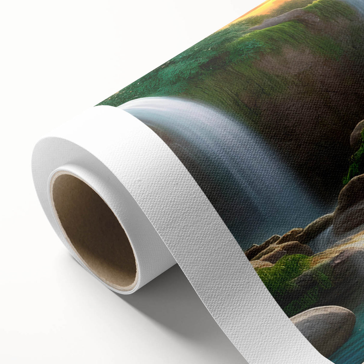 Rolled canvas artwork showcasing a vibrant waterfall landscape with lush greenery, ideal for home decor. Packaged securely in a cardboard tube for delivery.