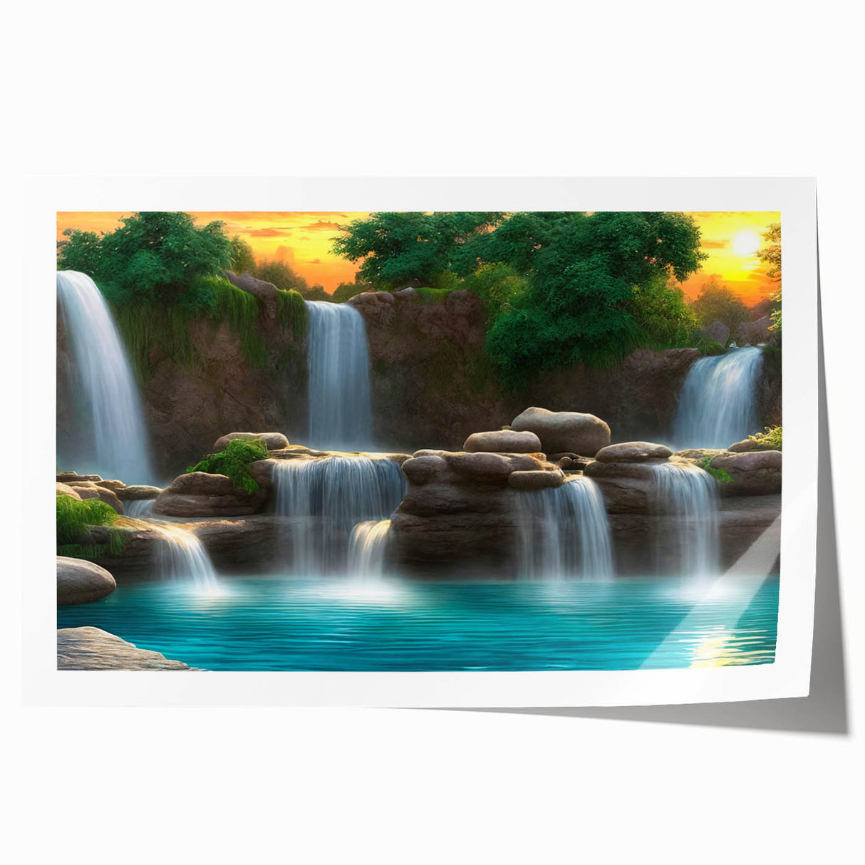 Stunning rolled print of a vibrant waterfall landscape design showcasing lush greenery and cascading water, ideal for enhancing home decor and art displays.