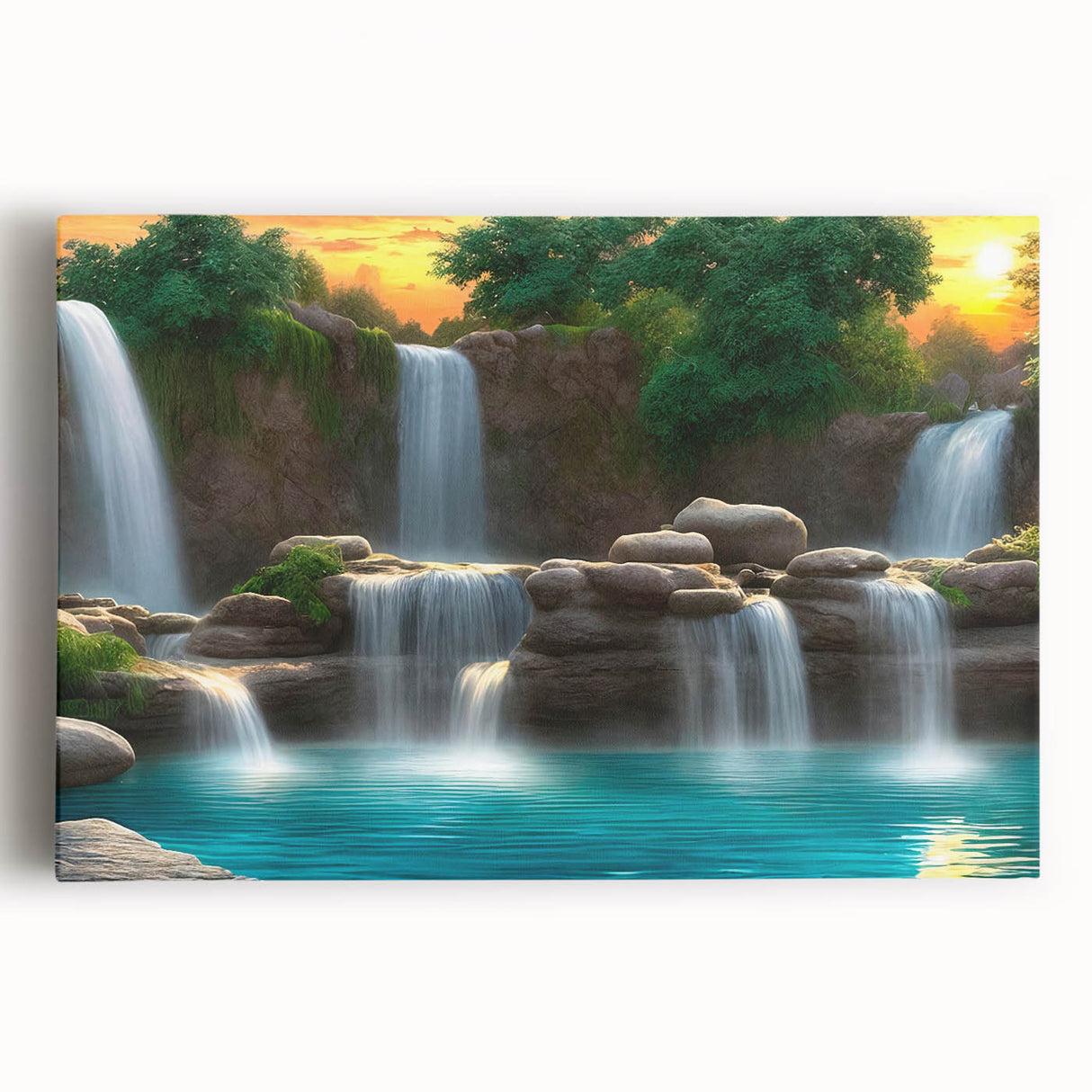 Stretched canvas wall art showcasing a vibrant waterfall landscape with lush greenery, ideal for home decor or office settings, enhancing any space with nature's beauty.