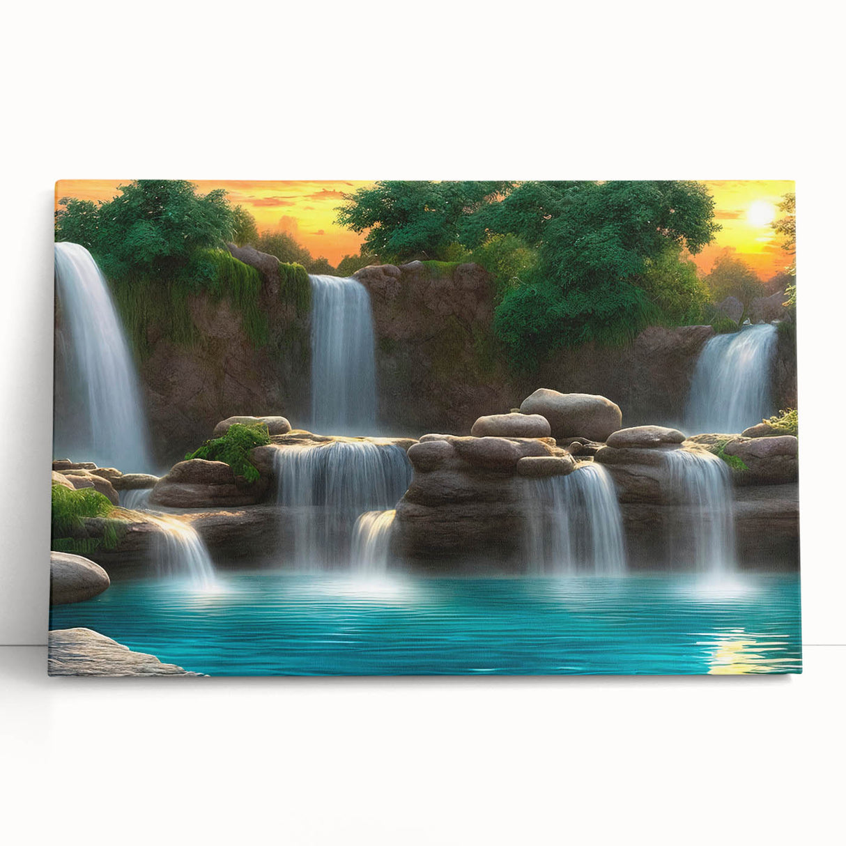 Stretched canvas wall art showcasing a vibrant landscape waterfall design, featuring lush greenery and cascading water, perfect for home décor in modern settings. Ideal for nature enthusiasts and art lovers.