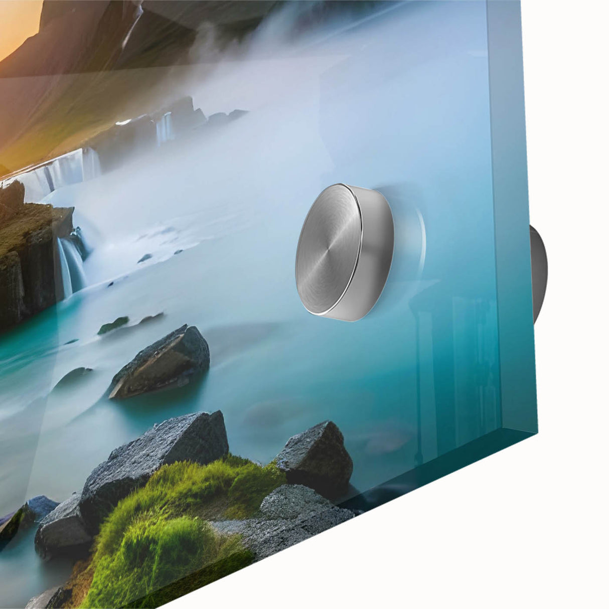 Vibrant close-up of a stunning acrylic wall art piece showcasing a serene waterfall landscape with lush greenery, perfect for home decor and nature lovers.