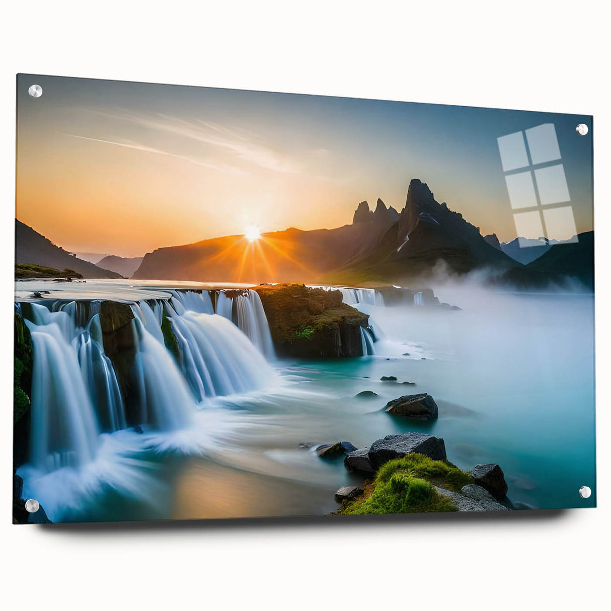 Acrylic glass wall art display showcasing a vibrant waterfall landscape design, featuring rich blues and greens. Side view highlights pin mounting for easy installation. Perfect for enhancing home decor with nature-inspired aesthetics.