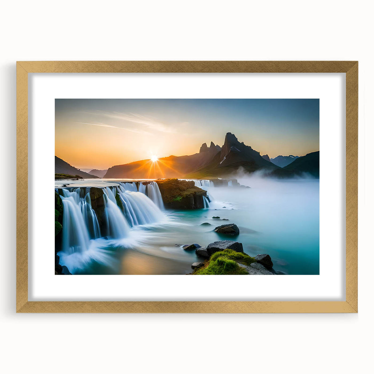 Framed wall art collection showcasing a stunning waterfall landscape design with a gold mat, perfect for home decor and enhancing living spaces.