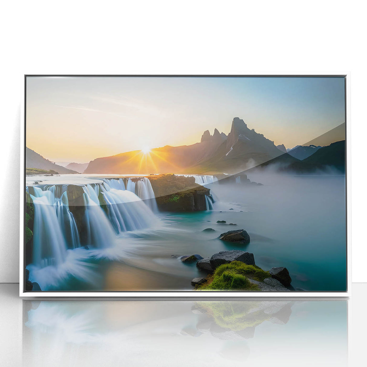 Framed acrylic wall art featuring a serene waterfall landscape design, set in a white frame, ideal for enhancing home decor with a touch of nature's beauty.