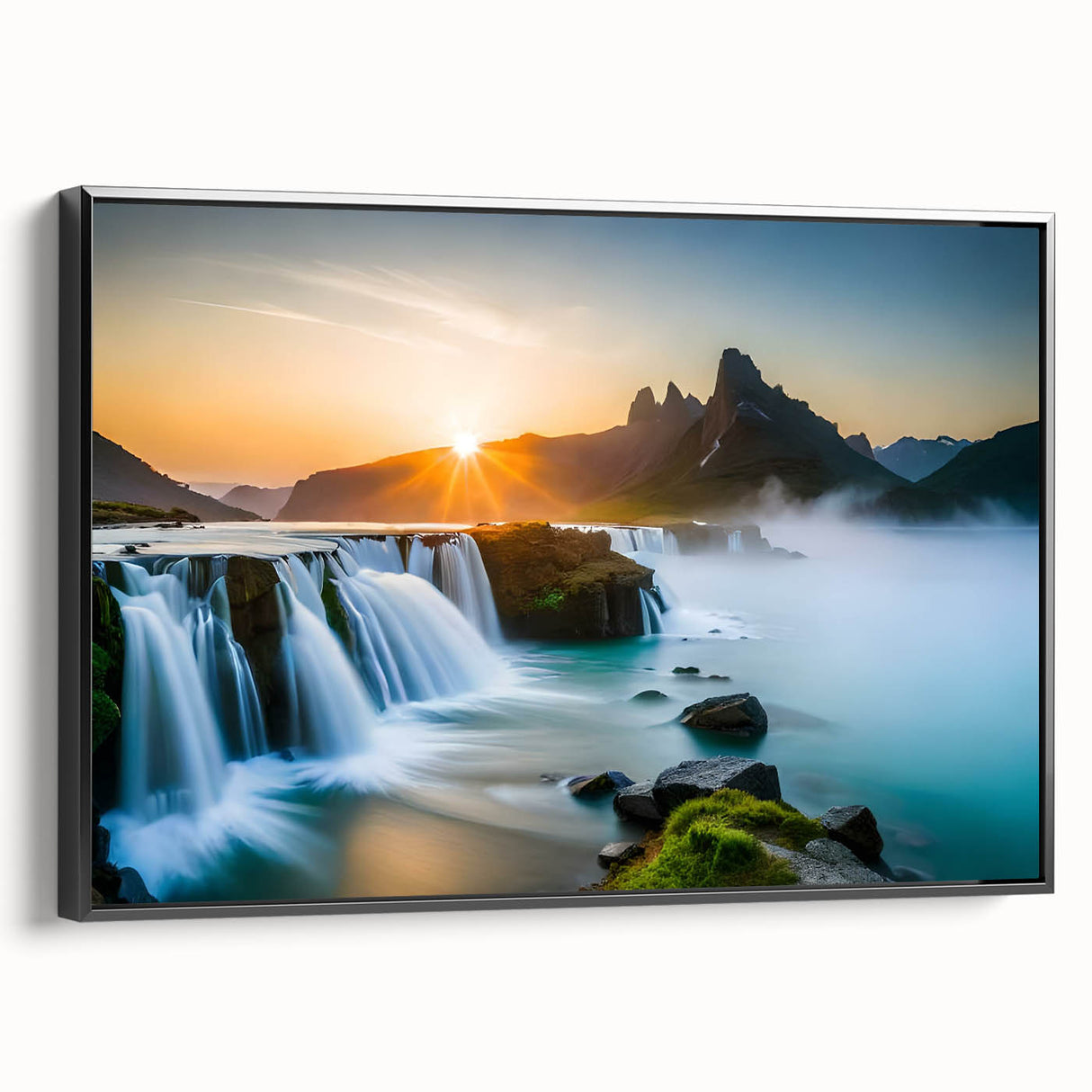 Framed canvas wall art featuring a stunning waterfall landscape design with vibrant colors and intricate details, displayed from a side view against a neutral background. Perfect for enhancing home decor and creating a serene atmosphere.