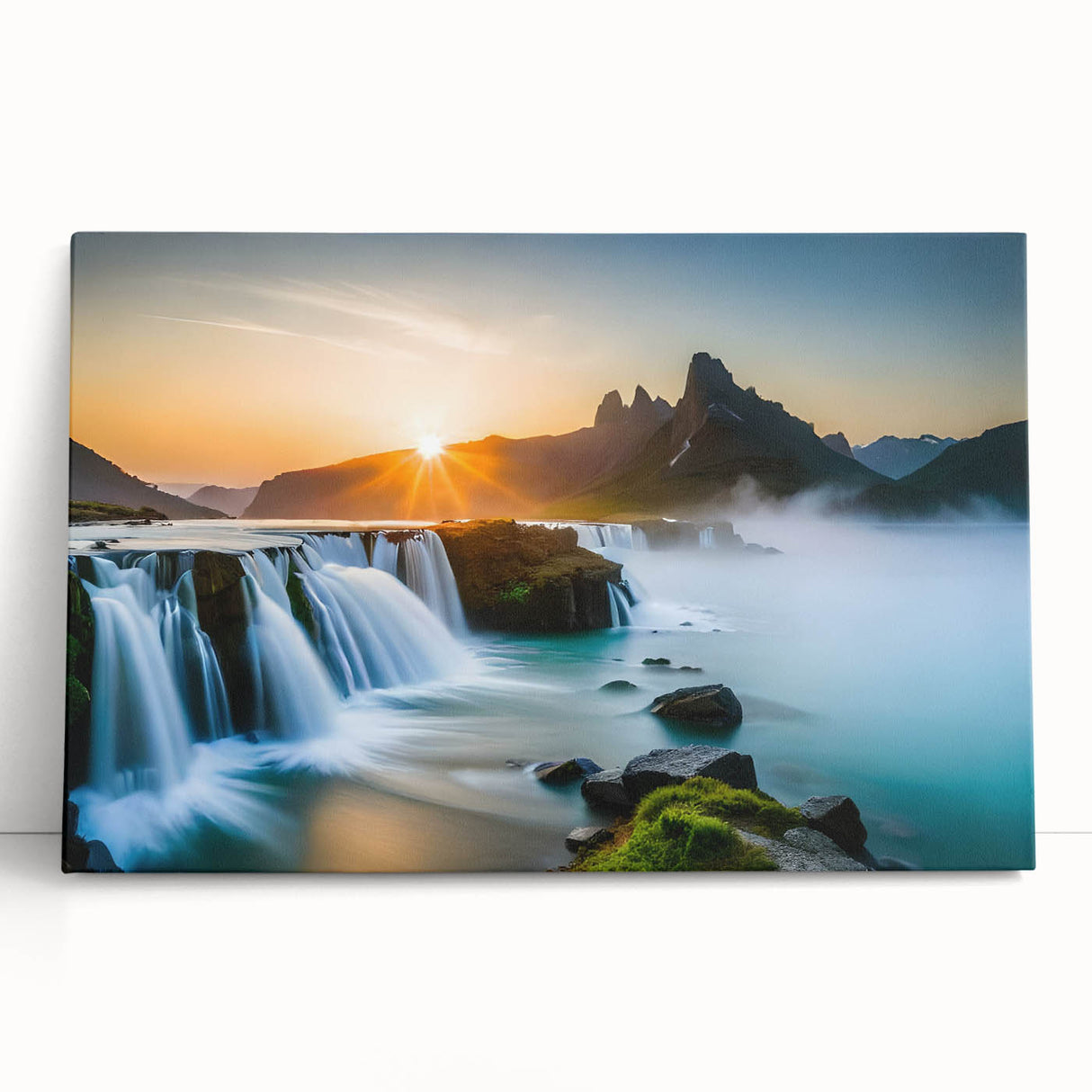 Stretched canvas artwork showcasing a serene waterfall landscape, featuring vibrant blues and greens, perfect for home decor or office ambiance. This elegant piece adds a calming touch to any space.