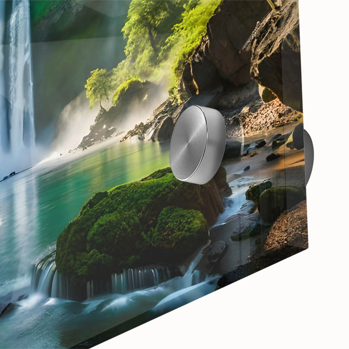 Close-up of a vibrant acrylic wall art piece showcasing a stunning waterfall landscape. The artwork features rich blues and greens, perfect for enhancing home decor.