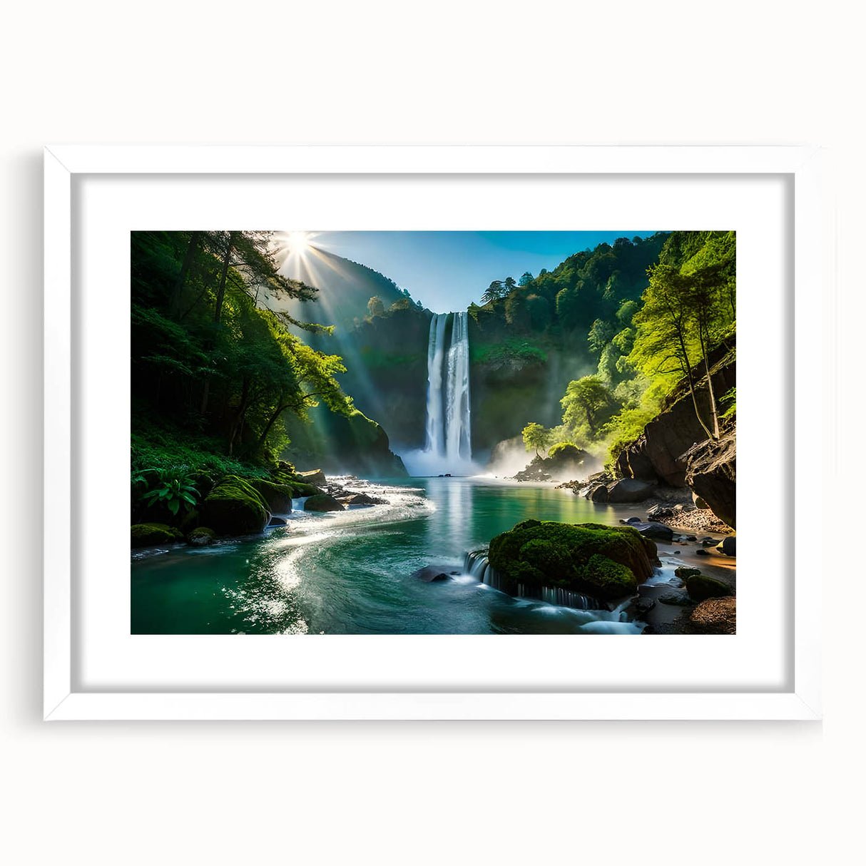 Framed wall art featuring a serene waterfall landscape design with vibrant colors, presented in a white mat and frame, ideal for home decor.