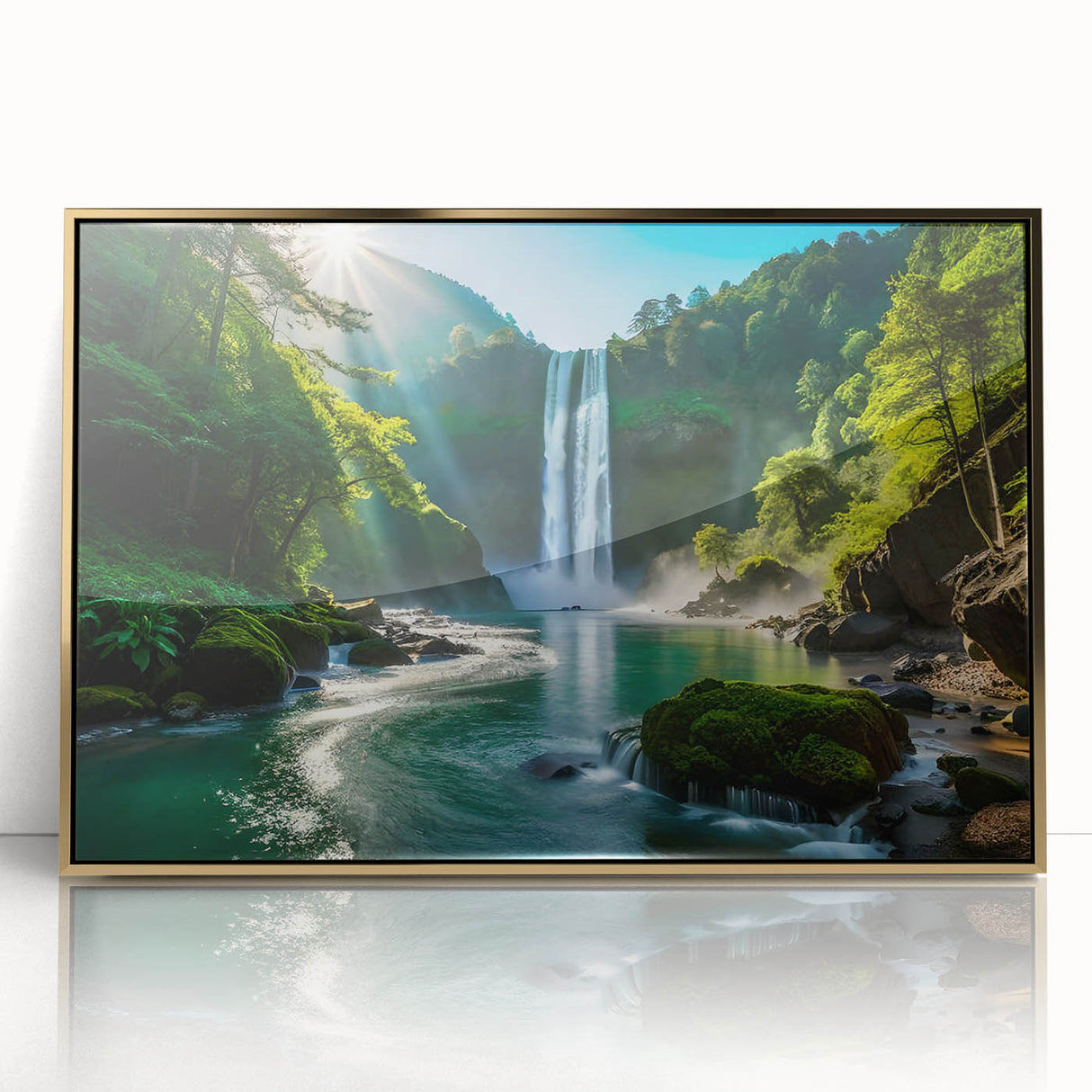 Framed acrylic wall art showcasing a stunning waterfall landscape design with vibrant colors and gold accents, perfect for home decor and nature lovers.